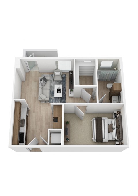 a stylized floor plan with a bedroom and a living room